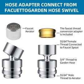 Hibbent Hibbent Sink Faucet to Garden Hose Adapter, 360-Degree Swivel 55/64 Inch Female Thread, Sink Hose Attachment for Faucet Adapter Connector, Chrome