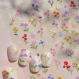 Flower Nail Art Stickers 3D Self-Adhesive Floral Butterfly Nail Decals Thin Colorful Spring Summer Wildflower Manicure Decoration for Women DIY Manicure Accessories Supplies