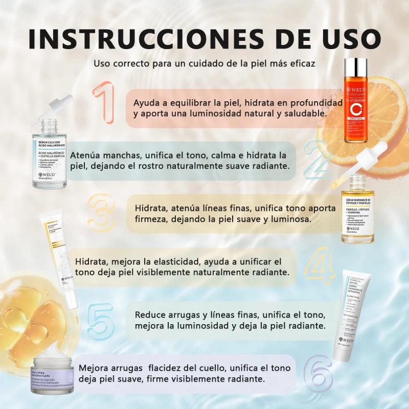 6pc Weud Skincare Antiedad Firmeza Hidratante Rostro Cuello