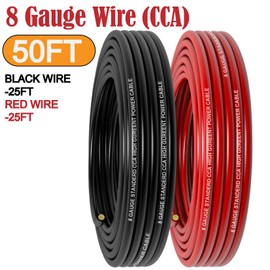 Xaugiry 8 Gauge Wire (25FT RED+25FT Black) Copper Clad Aluminum CCA,10 pcs SC10-6 lugs,10 pcs SC10-8 lugs,20 pcs 2:1 Heat Shrink Tubes,Primary Automotive Wire,Ground Cable