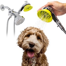 Wondurdog Deluxe Indoor Outdoor Dog Wash Kit for Shower and Garden Hose w/Water Pressure Control, Splash Shield & Rubber Scrubbing Attachment. Fast & Easy Dog Bath. Cleaning for Short & Long Hair Pet