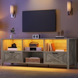 YITAHOME 70 Inch Farmhouse TV Stand, LED Light Entertainment Center Accommodates TVs up to 80 Inches, Media TV Console with Storage Compartments and Customizable Divider for Living Room (Grey)