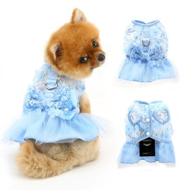 PAIDEFUL Dog Dress,Luxury Bow Princess Tutu Dresses for Girl Dogs Cute Fashion Mesh Pet Skirt with Sequins Flower Cat Puppy Clothes Wedding Party Outfits Chihuahua Apparel Button up D-ring,Blue,XS