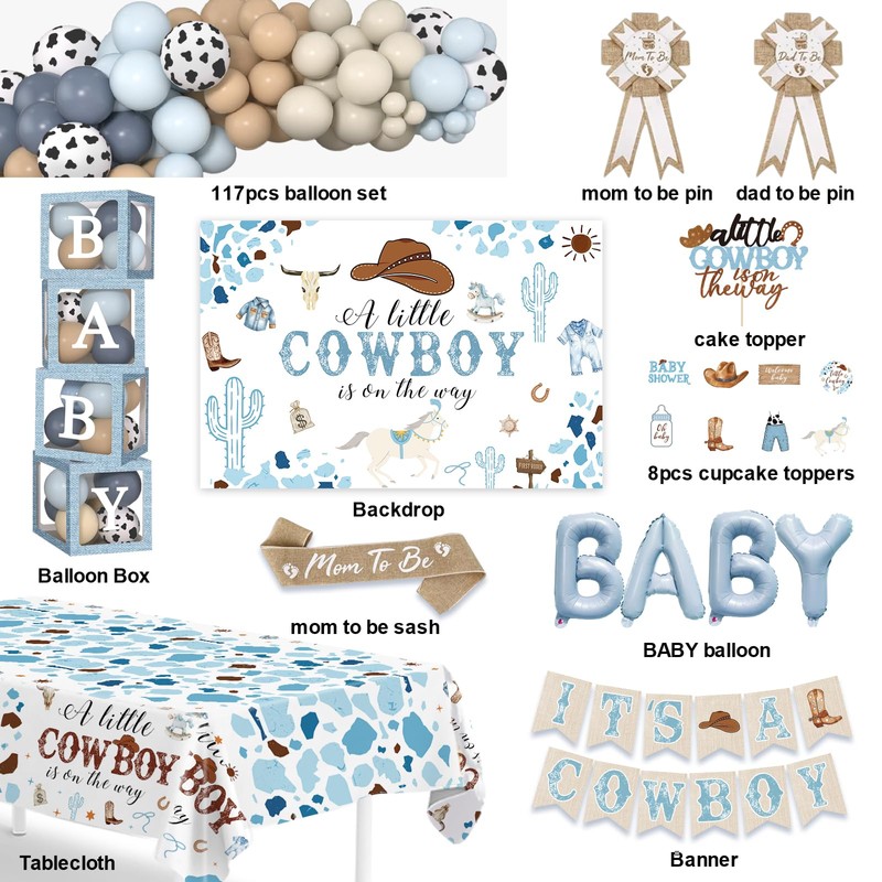 DataMoon Cowboy Baby Shower Decorations for Boy, All-in-One Set