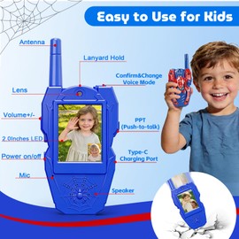 Video Walkie Talkies for Kids 2 Pack Rechargeable with Screen HD Camera &Voice Changer, 1000FT Long Range 2 Way Radio Toys Indoor Outdoor Camping Hiking Toys Birthday Gifts, Spider for Boys Girls 3-12