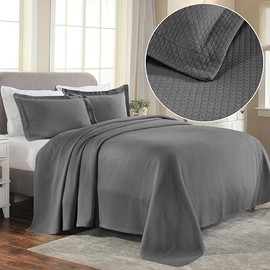 Superior 3 Piece Solitaire Cotton Bedspread Set, Home Bed Decor, Decorative Bed Spread, 2 Pillow Shams, Medium Weight Blanket, Matelasse Coverlet Bedding, Textured Quilted Pattern, King, Grey