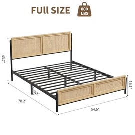 IDEALHOUSE Natural Full Size Bed Frame with Rattan Headboard and Footboard, Boho Full Mattress Frame No Box Spring Needed, Noise-Free Easy Assemble Wooden Bedframe