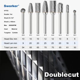Sworker 8Pcs Carbide Burr Set 1/4 Shank w/Clear Box Max Head Dia 12mm Die Grinder Bits Rotary Tools Attachment Kit Rasp Accessories Metal Wood Stone Steel Grinding Deburring Cutting Porting Carving
