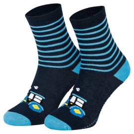 Piarini 2 Pairs of Children's Stopper Socks ABS Socks – Non-Slip Socks with Nubs Made of Cotton – Boys Girls Striped, blue tractor