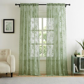 Sage Green Lace Curtains 84 Inches Long Country Rustic Floral Sheer Curtains for Living Room Bedroom Spring Drapes Rod Pocket Light Filtering Light Green Lace Curtain for Dining Room Decor, 52x84
