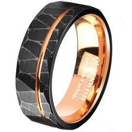 Black Tungsten Ring - 8mm Hammered Wedding Band with Rose Gold Inlay, Comfort Fit for Men Size 12, Includes Jewelry Box