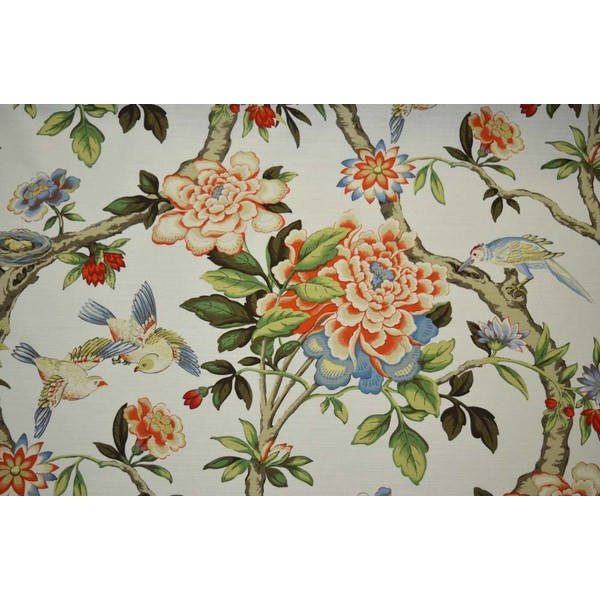 Mudan Persimmon Waverly Fabric Coral Orange Bird and Floral Print