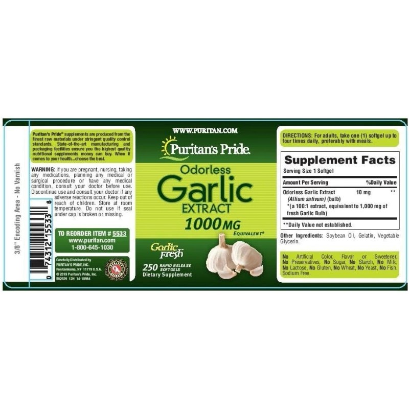 Puritan's Pride Odorless Garlic Extract 1000 Mg Cholesterol & Antioxidant
