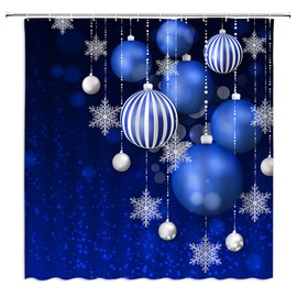 BSTDSYSY Merry Christmas Shower Curtain Blue Christmas Balls Snowflake Winter Holiday Fantasy Background Happy New Year Dream Xmas Ball Fabric Bathroom Decor Set with Hooks(70" WX70 H)