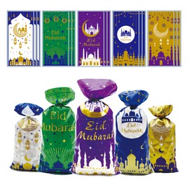 Sizkii 100Pcs Eid Mubarak Treat Bags - 4.9 X 10.8inches, Muslim Castle Gift Candy Bags Party Favor Supplies, Ramadan Moon Star Cellophane Bags Goodie Bags Popcorns Packaging Bags with Twist Ties