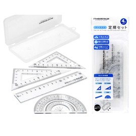 Office ruler set, set of 4 (5.9 inch (15 cm) ruler, 45 degree triangle, 60 degree triangle, protractor), storage case included