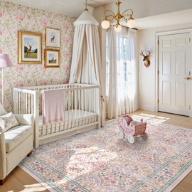 Lahome Floral Washable Area Rugs 5x7, Soft Pink Rugs for Living Room Bedroom, Boho Non Slip Low Pile Forest Stain Resistance Large Throw Carpet for Farmhouse Dining Room Office, Pink