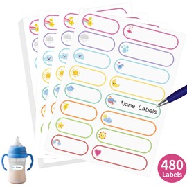 480 Pcs Labels for Kids Stuff Daycare, Waterproof Baby Name Label, Washable Bottle Labels, Reusable Self-Adhesive Tag Stickers for School Essentials, Self-Laminating Write-on (Weather)