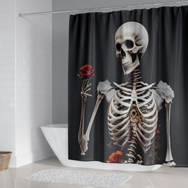 DDS-DUDES - Cortina de ducha de Halloween para decoración de baño, hueso esqueleto y rosa roja de los muertos, diseño gótico de calavera oscura, impermeable, con 12 ganchos, 71 x 71 pulgadas