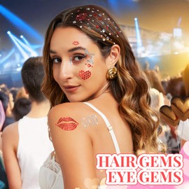 YGDZ Face Gems Self-Adhesive Face Jewels Stickers, Red Lip Hair Gems, Festival Kiss Jewels for Valentines Makeup, Face Rhinestone Stickers for Makeup, Eye, Hair, Body, Stick on Gems for Kids, Women