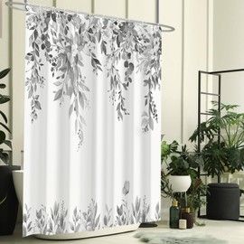CTOTSYC Eucalyptus Shower Curtain, Grey Watercolor Leaves with Floral Botanical Bathroom Decor, Waterproof Fabric Bath Curtain Set with Hooks, 72x72 Inches