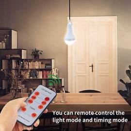 Solar Powered LED Bulb Indoor Outdoor Emergency Light Bulb Portable Camping Light with Remote Control Adjustable Modes and Timer IP65 Water Resistant