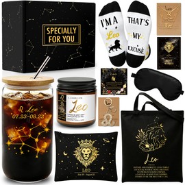 WOFIROY 13 Pcs Leo Gifts for Women, Astrology Gift Set with 16 Oz Glass Cup, Tote Bag, Makeup Bag, Socks, Candle, 3 Necklaces, Bracelet, Keychain, Birthday Gifts for Female Friends, Bestie, Sister