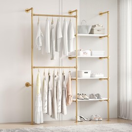Woskar Industrial Pipe Clothing Rack, Hanging Rods Clothes Rack with Shelves, Clothes Rack for Wardrobe, Corner Closet System for Walk in Closets, Gold