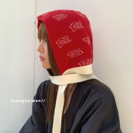 Imported Women's Double-Sided Knit Balaclava Hat, Korean Niche Knit Hood lf1470 Free Size / Free Size A828 Black and Gray Color 4ea