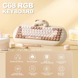 YUNZII C68 Wireless Mechanical Keyboard,65% Layout,Hot Swap,Triple Mode BT5.0/2.4G/Wired, RGB Backlit NKRO,Cute Cat Silicone Ergonomic Design for Win/Mac (Brown, Milk Switch)