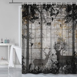 Grtuspr Rustic Deer Shower Curtain, Farmhouse Cabin Shower Curtain Set Accessories, Misty Forest on Country Cottage Vintage Grey Woodland Barn Board Bathroom Decor with Hooks