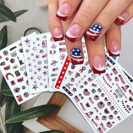 6 Sheets Independence Day Nail Art Stickers USA Flag Nail Decals 3D Self Adhesive Classics American Flag Star Heart Eagle Statue of Liberty Nail Designs Sticker for Women 4th of July Nail Decoration