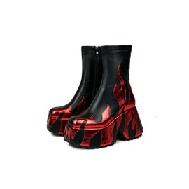 HiColor Women's Red Flames Printing Chunky Sole Ankle-High Boots, Size 8 (US), Zip Closure, Round Toe, Platform Heel