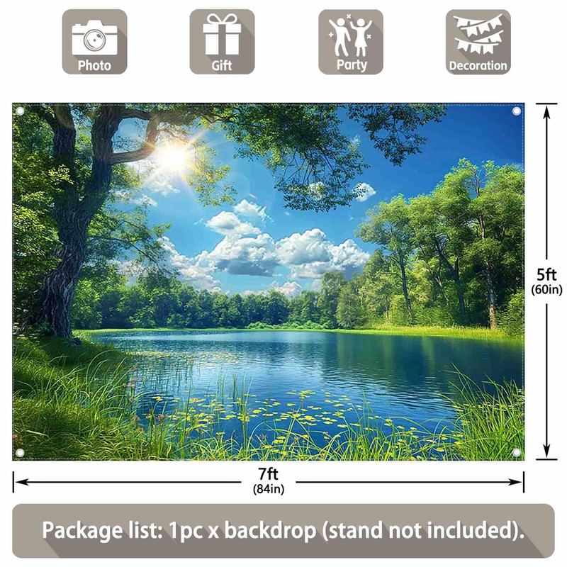 ZTHMOE Fabric 7x5ft Lake Natural Scenery Backdrop River Forest Tree