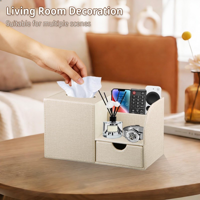 Nightstand Organizer with Tissue Holder,PU Leather Square Tissue Box Cover,Modern