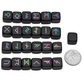 SUNYIK Black Obsidian Frosted Rune Stones Set of 25 Engraved Elder Futhark Alphabet, Crystal Healing Chakra Reiki Runes Kit for Meditation Divination Viking Decor, Rainbow