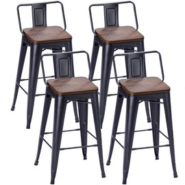 Tongli Metal Counter Stools Kitchen Counter Height Bar Stools Set of 4 Metal Bar Stool 24 Inches Dining Chairs Wooden Seat Matte Black, Low Back