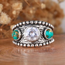 AVECON Turquoise Ring with Cubic Zirconia Women Antique Silver Plated Engagement Ring With 3 Green Round Turquoise Hypoallergenic, and Nickel-free Western Wedding Ring for women Size 9