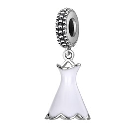 Hoobeads White Enamel Dress Charms Pendant Solid 925 Sterling Silver Princess Dress Dangling Charm