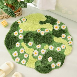 YIKUSH Moss Bath Mat Green Bathroom Rug with Small White Flowers Non Slip Door Mat for Bedroom and Kitchen Soft Washable Rug Floral Nature Bathtub Mat