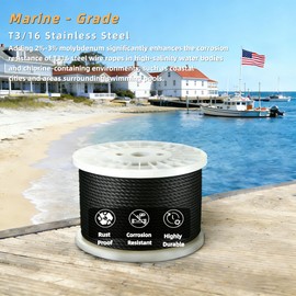 T316 Black 3/16" Stainless Steel Cable, 250ft Wire Rope, 7X19 Strands Aircraft Cable, 3700lbs Breaking Strength, Zip Line for Heavy Duty Applications, Deck Railing, String Lights & Yard Zipline