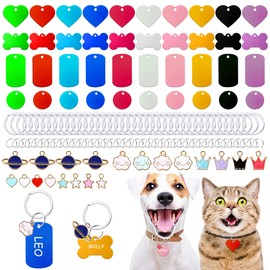 140pcs Pet ID Tag Set with 40pcs Colourful Blank Dog Tags Double Sided Aluminum Cat ID Tags，80pcs Stainless Steel Key Rings and 20pcs Pendants for Dogs Cats Pets Name Phone Number Craft Tag