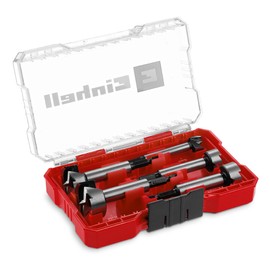 Original Einhell M-Case 5-Piece forstner bit Set (Made of C65 Steel, E 6.3 Shank, Cross Cutting Edge, Centring Tip, Conical Head Shape, 4-Sided Closed Leading Edge incl. Storage Box)