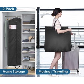 MISSLO 65" Long Garment Bags for Travel Dress Bag Waterproof Wedding Dress Cover Hanging Clothing Bags Protectors for Wardrobe Storage Gowns, Tuxedos, Coats Carrier, Black, 2 Packs