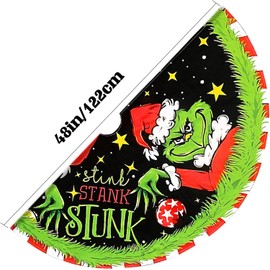 POLCANUR Grinch Christmas Tree Skirt,Green Elf Tree Skirt,Soft Plush Xmas Tree Skirt,New Year Farmhouse Christmas Tree Decorations Christmas,Tree Mat for Merry Christmas Party Supplies-48 Inches