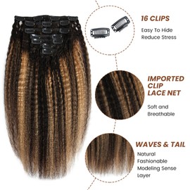 Boyusijf Hair Extensions Kinky Straight Clip ins Hair Extensions 100% Real Human Hair 7Pcs 100g Seamless Clip in Hair Extensions TP1B/27 12 Inch for Black Women