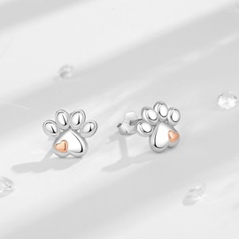 INFUSEU Paw Print Earrings Stud Cute for Teen Teenager Women Cat Dog Lovers Gifts 925 Sterling Silver Kitten Kitty Puppy Post Earrings Lovely Heart Jewelry
