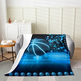 Erosebridal Basketball Blanket Queen Inch Neon Sport Throw Blanket for Kids Boys Girls Teens Blue Gradient Glowing Basketball Fleece Blanket Room Decor Flannel Blanket