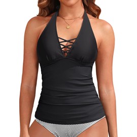 Womens Halter Tankini Tops Only - V Neck Tummy Control Swim Top Lace Up Bathing Suit Ruched Top Only No Bottom 2025 Black