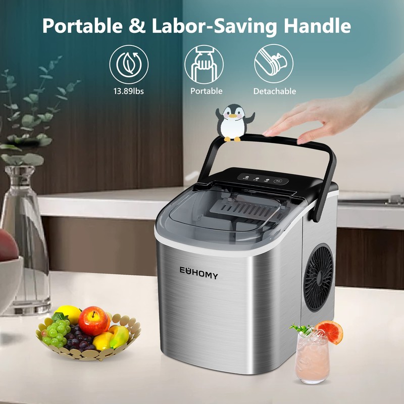 EUHOMY Countertop Ice Maker Machine with Handle, 26lbs Per Day,